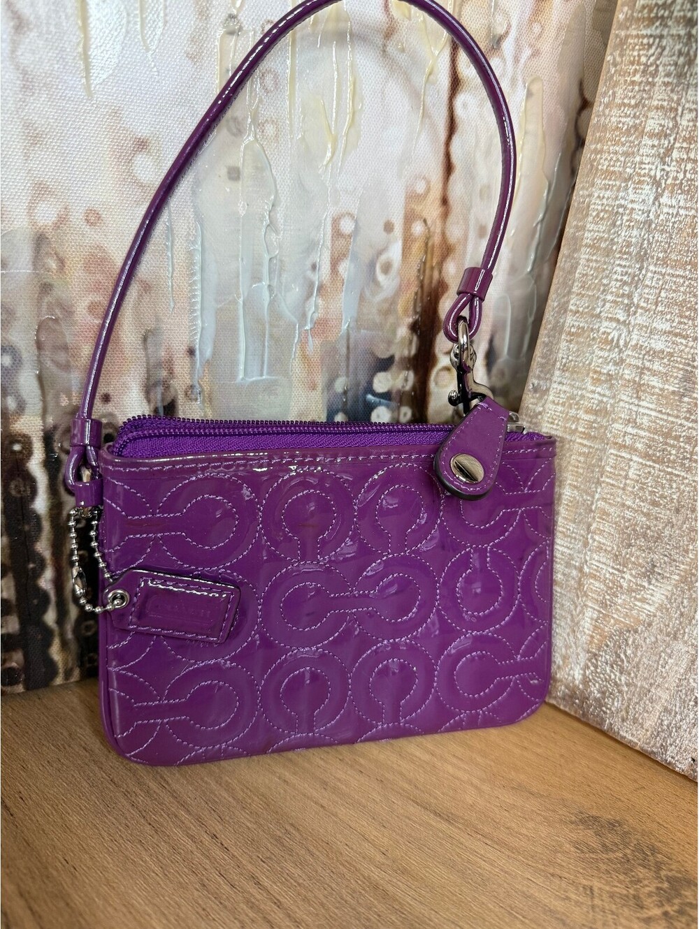 Coach Purple Patent Leather Signature C Wristlet Bag 6"x4.5"